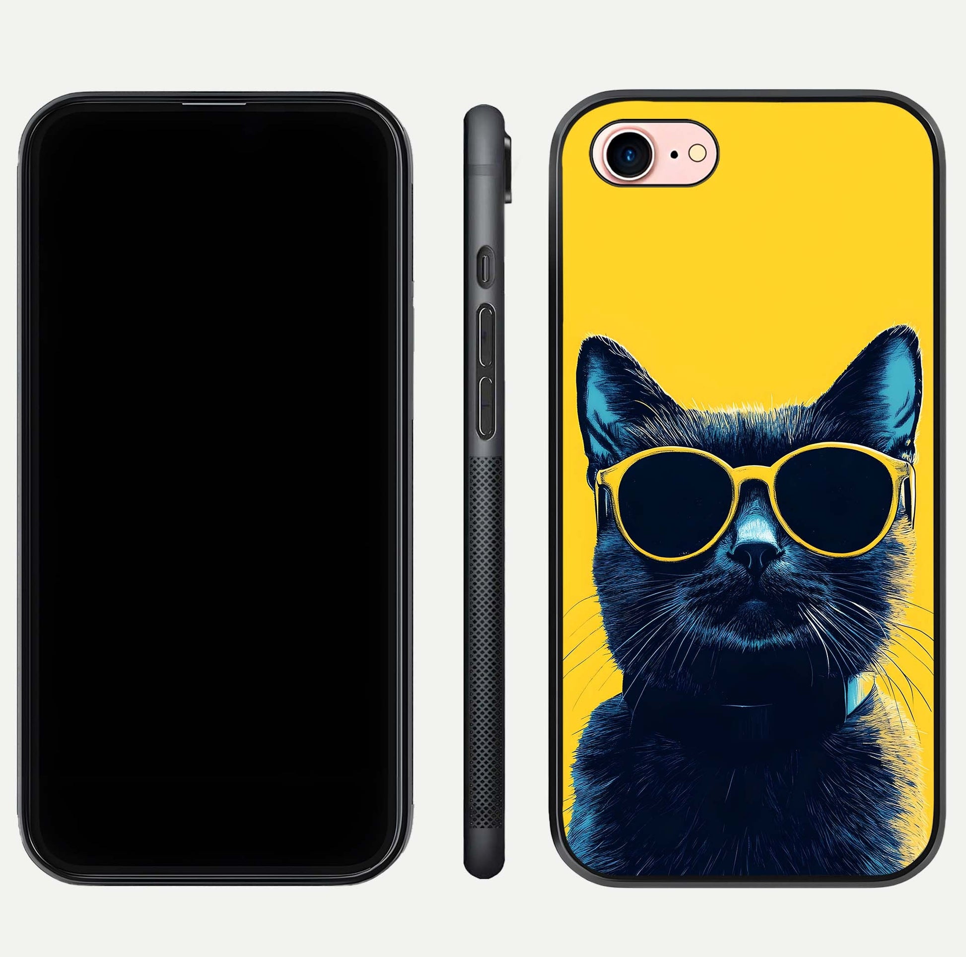 Cool Cat Vibes iPhone 8 glass phone case front and side layout view showing slim frame and full design coverage