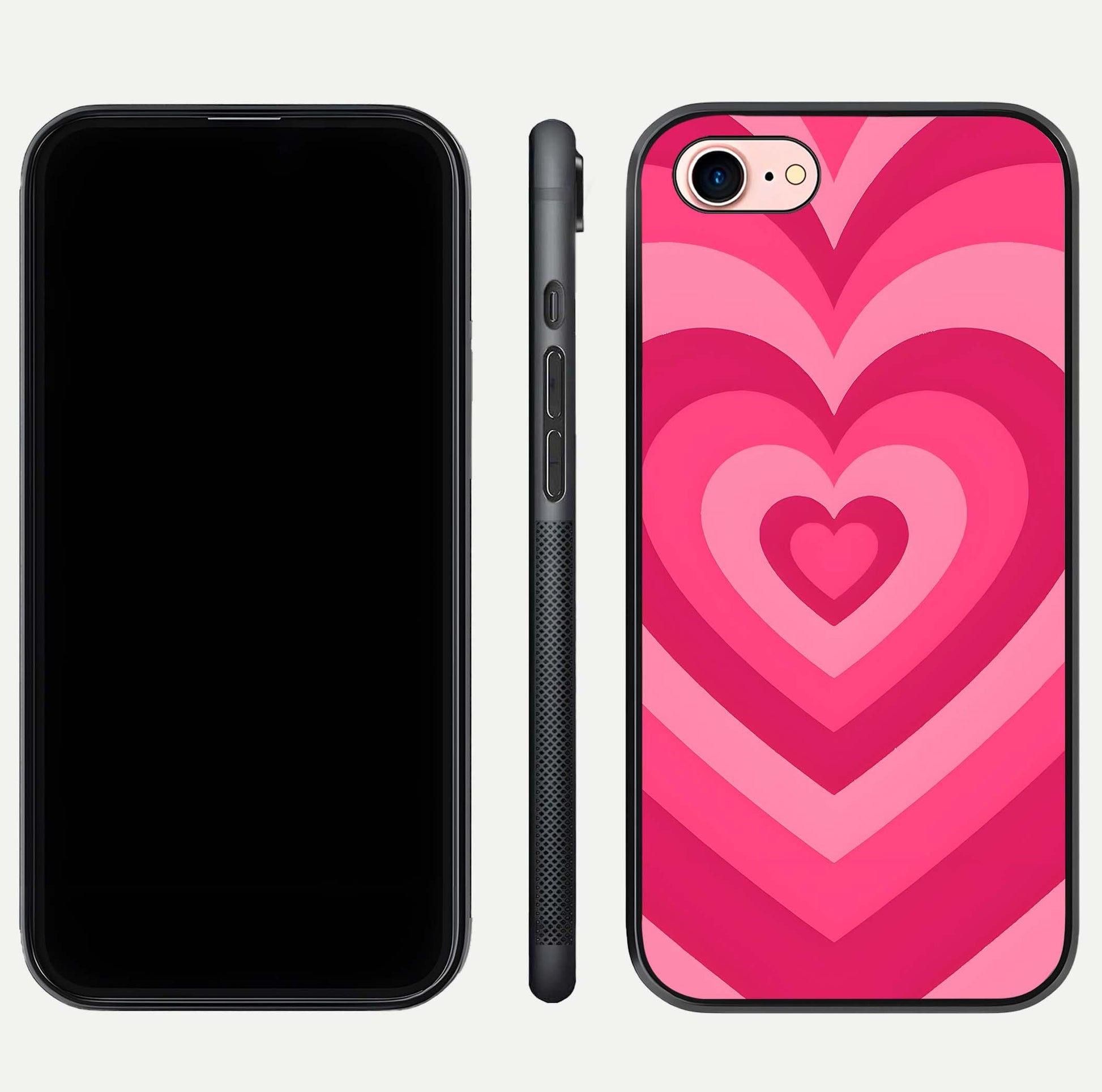 Layered Love Hearts iPhone 8 glass phone case front and side layout view displaying slim profile and full heart design