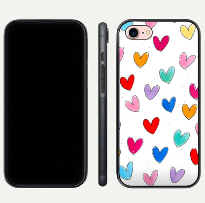 Playful Love Doodles iPhone 8 glass phone case front and side layout view showing slim build and full doodle coverage