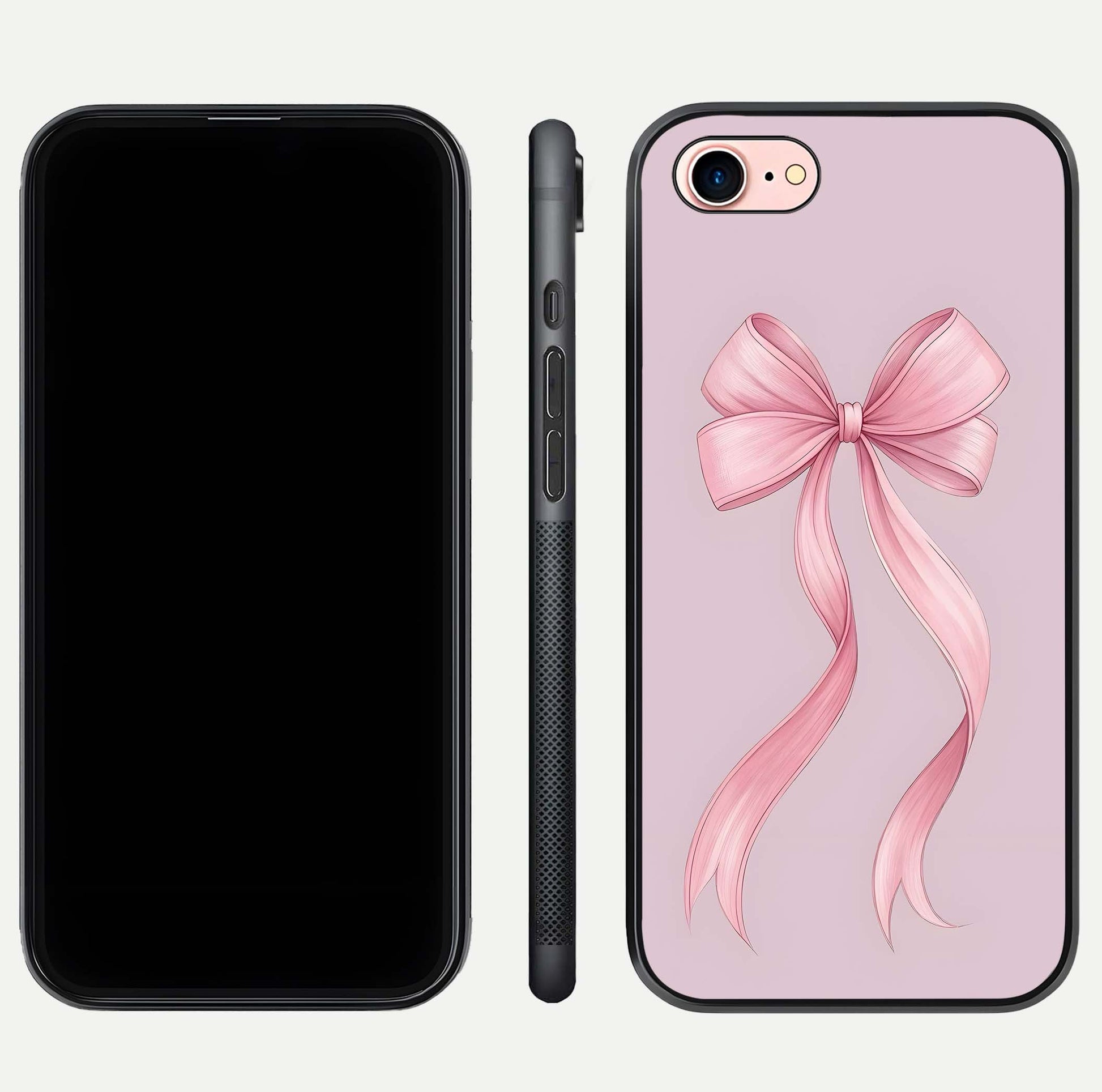 Soft Blush Bow iPhone 8 glass phone case front and side layout view displaying slim profile and gentle aesthetic