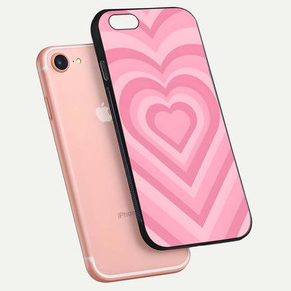Blush Heart Waves iPhone 8 glass phone case floating view emphasizing glossy finish and layered heart design