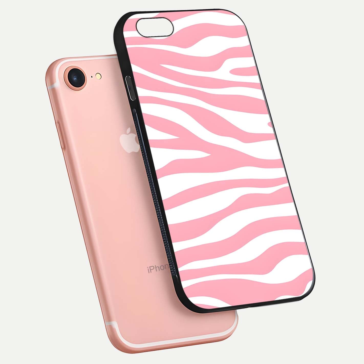 Blush Zebra Flow iPhone 8 glass phone case floating view emphasizing premium glossy surface and dynamic design