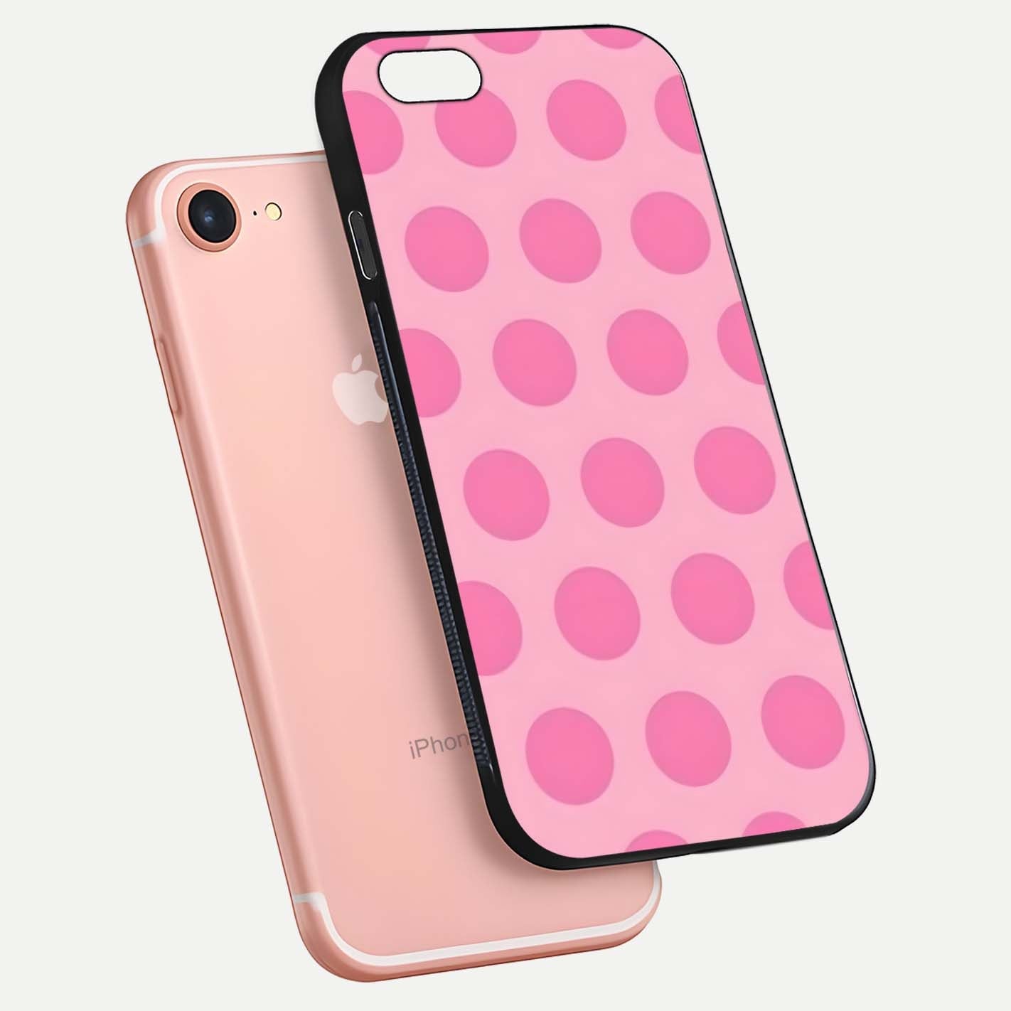 Sweet Dot Dreams iPhone 8 glass phone case floating view emphasizing glossy surface and soft playful styling