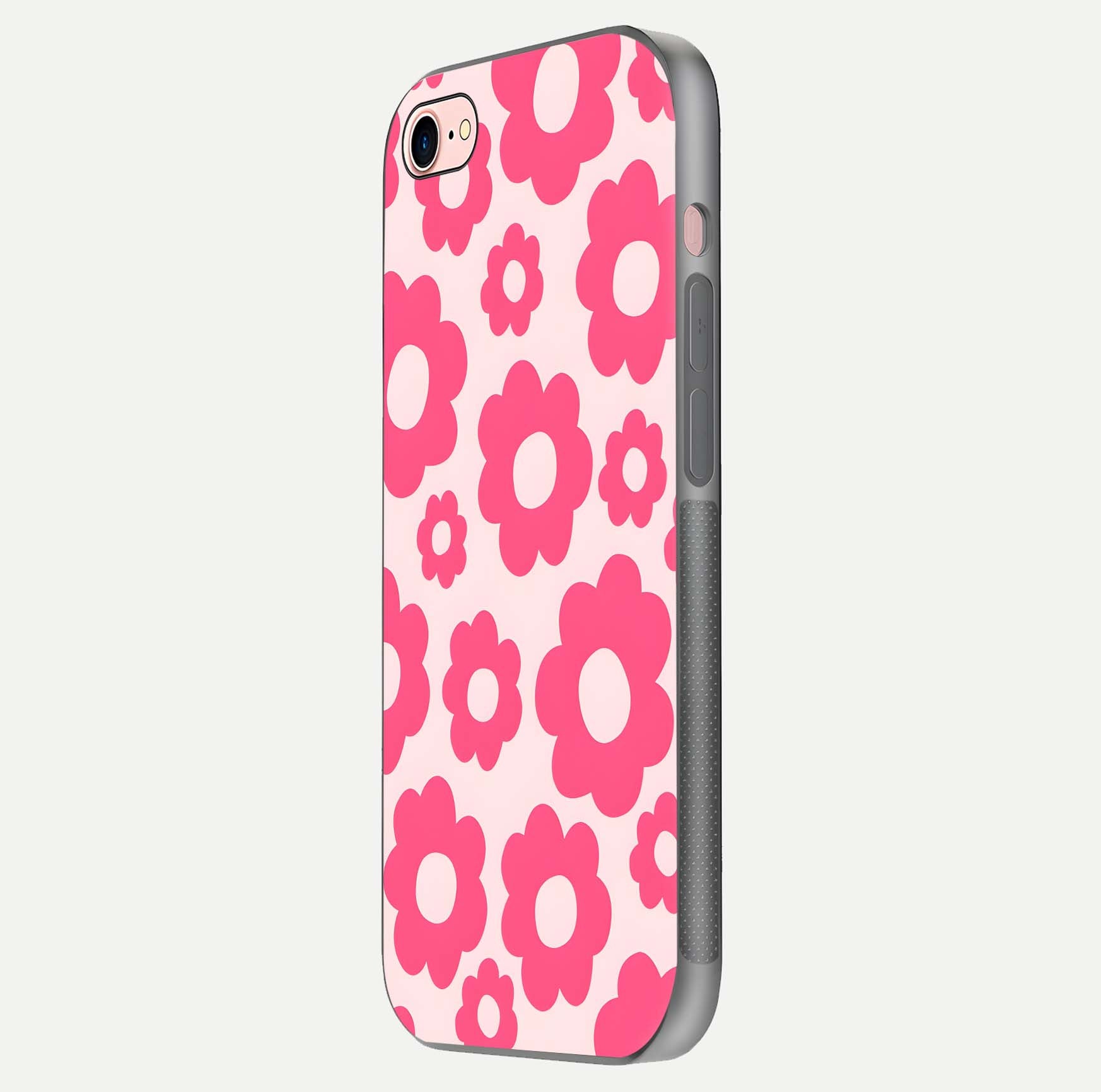 Blush Flower Pop iPhone 8 glass phone case side profile view focusing on clean edges and seamless floral wrap