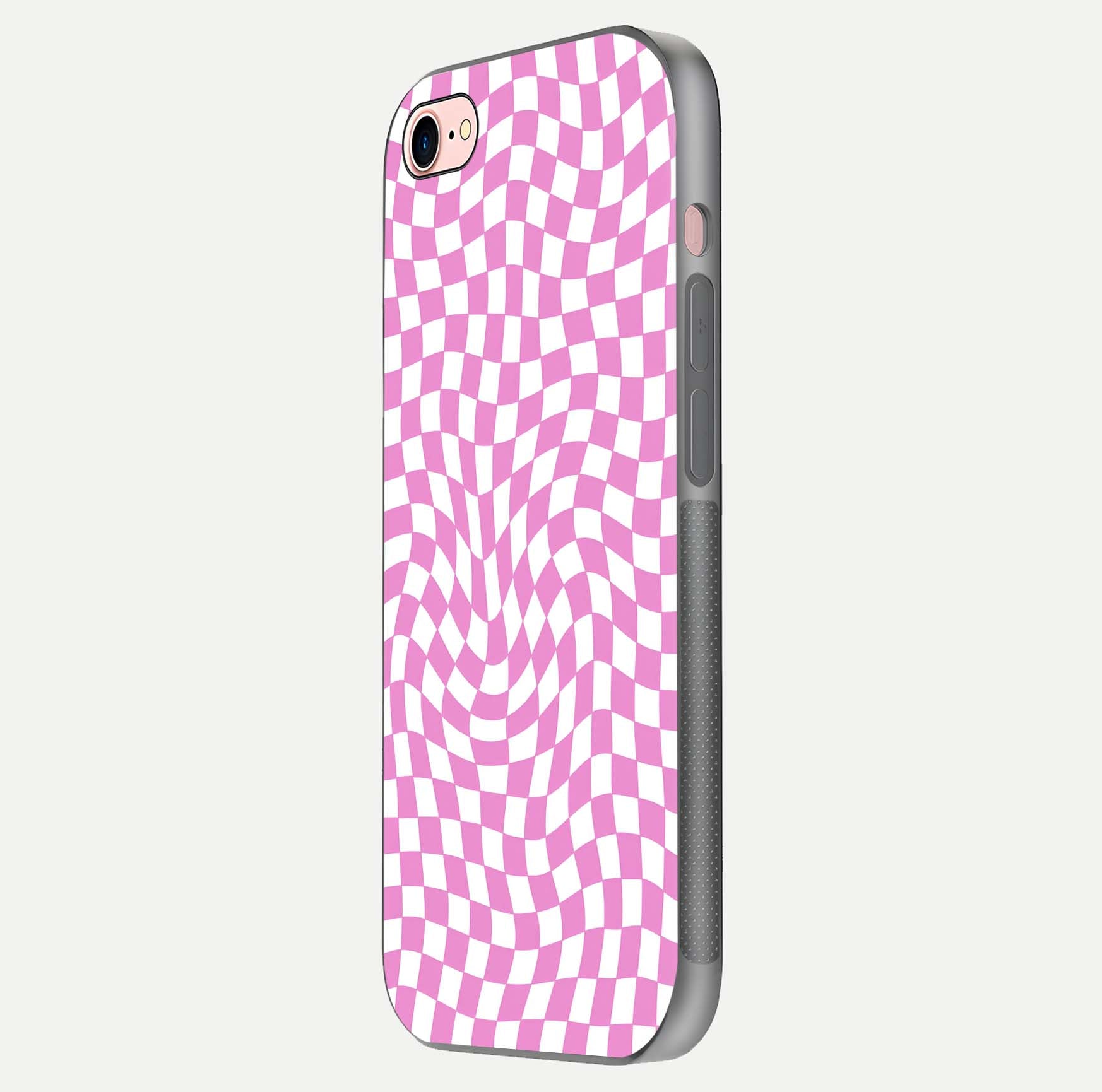 Bubblegum Check Wave iPhone 8 glass phone case side profile view focusing on smooth edges and seamless wrap