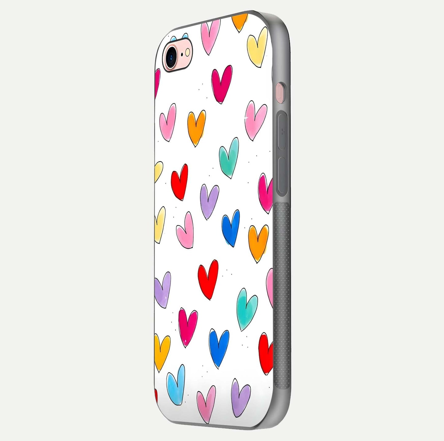 Playful Love Doodles iPhone 8 glass phone case side profile view focusing on smooth frame and seamless wrap