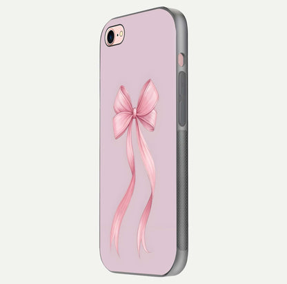 Soft Blush Bow iPhone 8 glass phone case side profile view focusing on sleek edges and seamless wrap