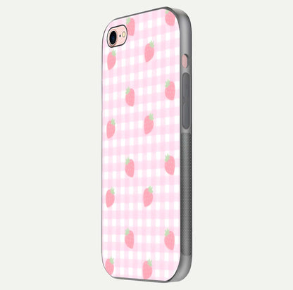 Strawberry Picnic Love iPhone 8 glass phone case side profile view focusing on smooth frame and seamless wrap