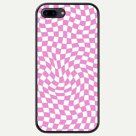 Bubblegum Check Wave iPhone 8 Plus glass phone case front view showcasing playful bubblegum check wave pattern with glossy finish