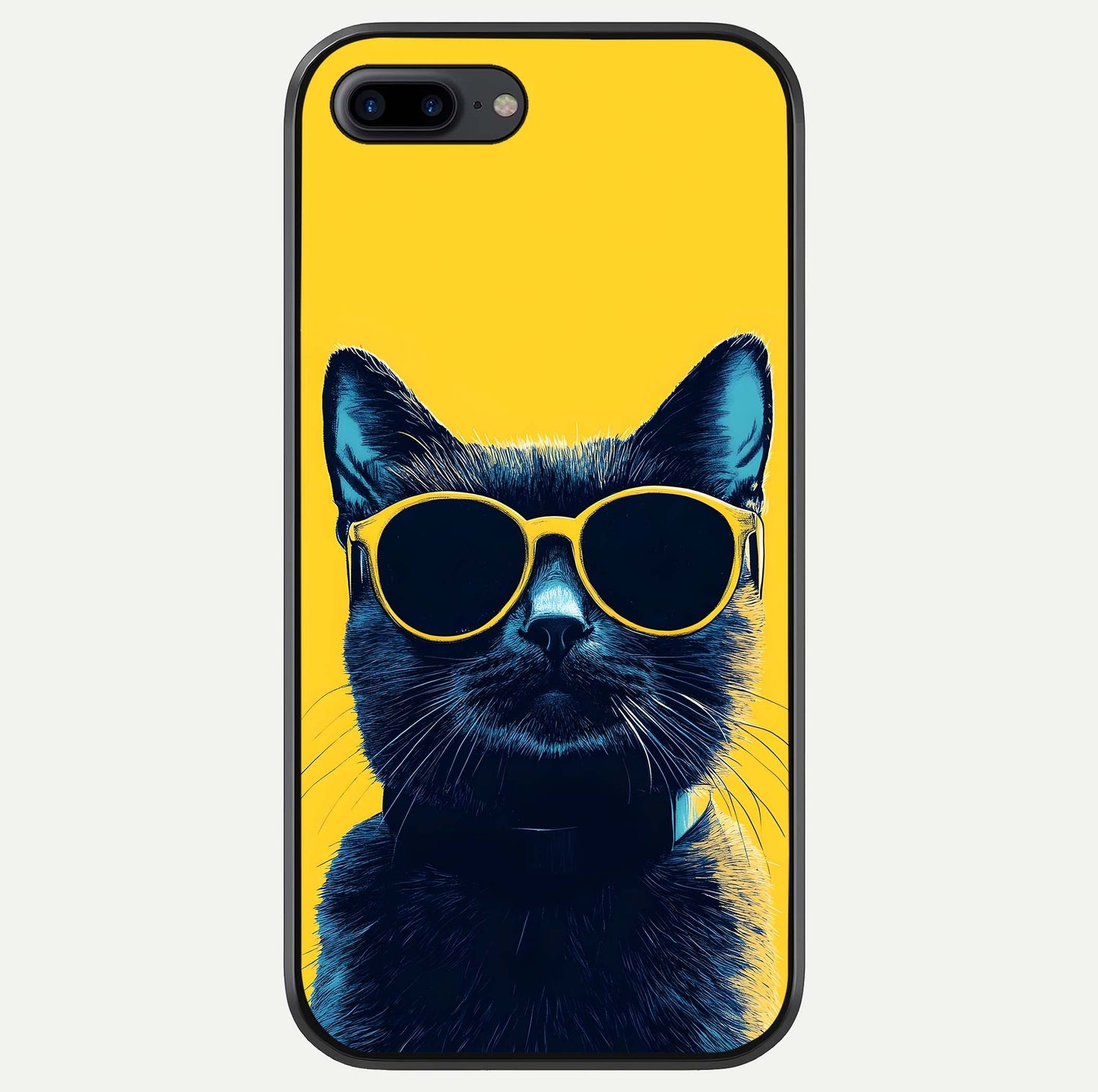 Cool Cat Vibes iPhone 8 Plus glass phone case front view featuring playful cat illustration with cool aesthetic tones