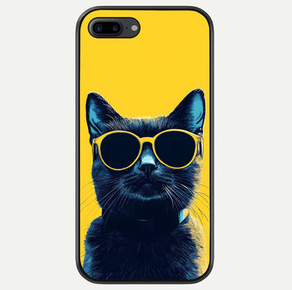 Cool Cat Vibes iPhone 8 Plus glass phone case front view featuring playful cat illustration with cool aesthetic tones