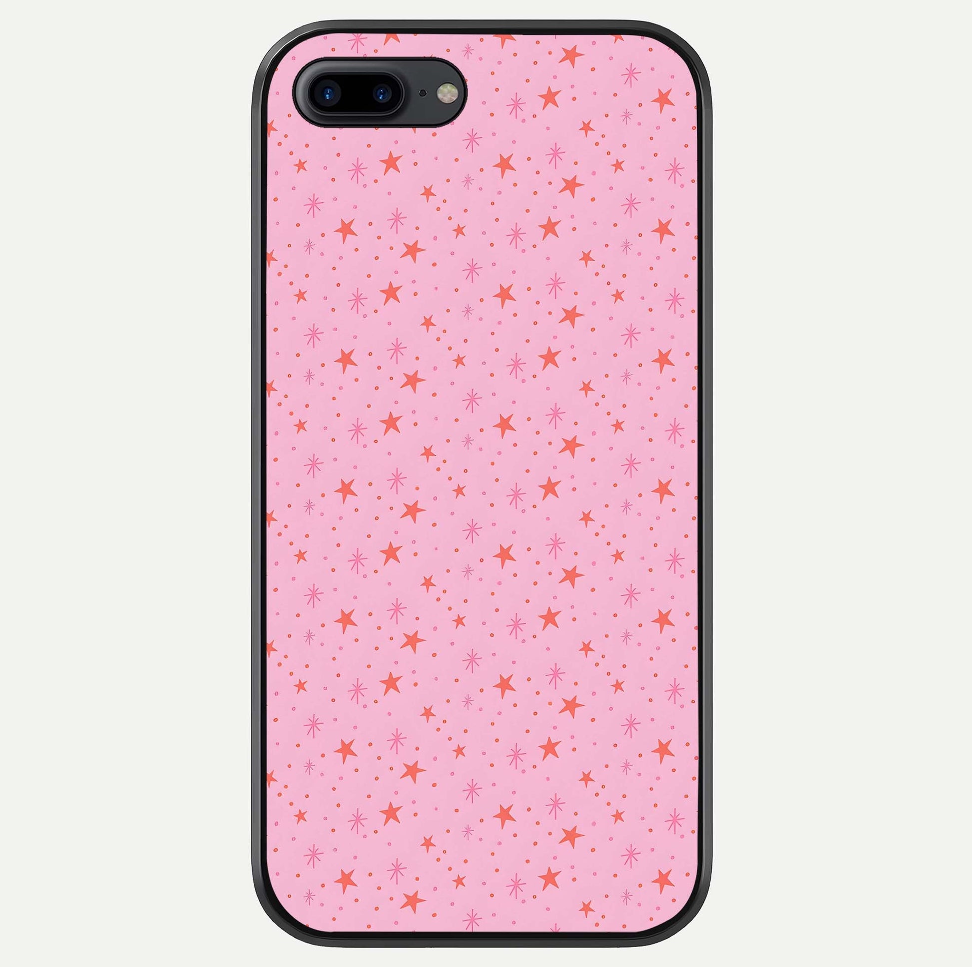 Cosmic Pink Sparkle iPhone 8 Plus glass phone case front view showcasing shimmering pink cosmic artwork with glossy finish