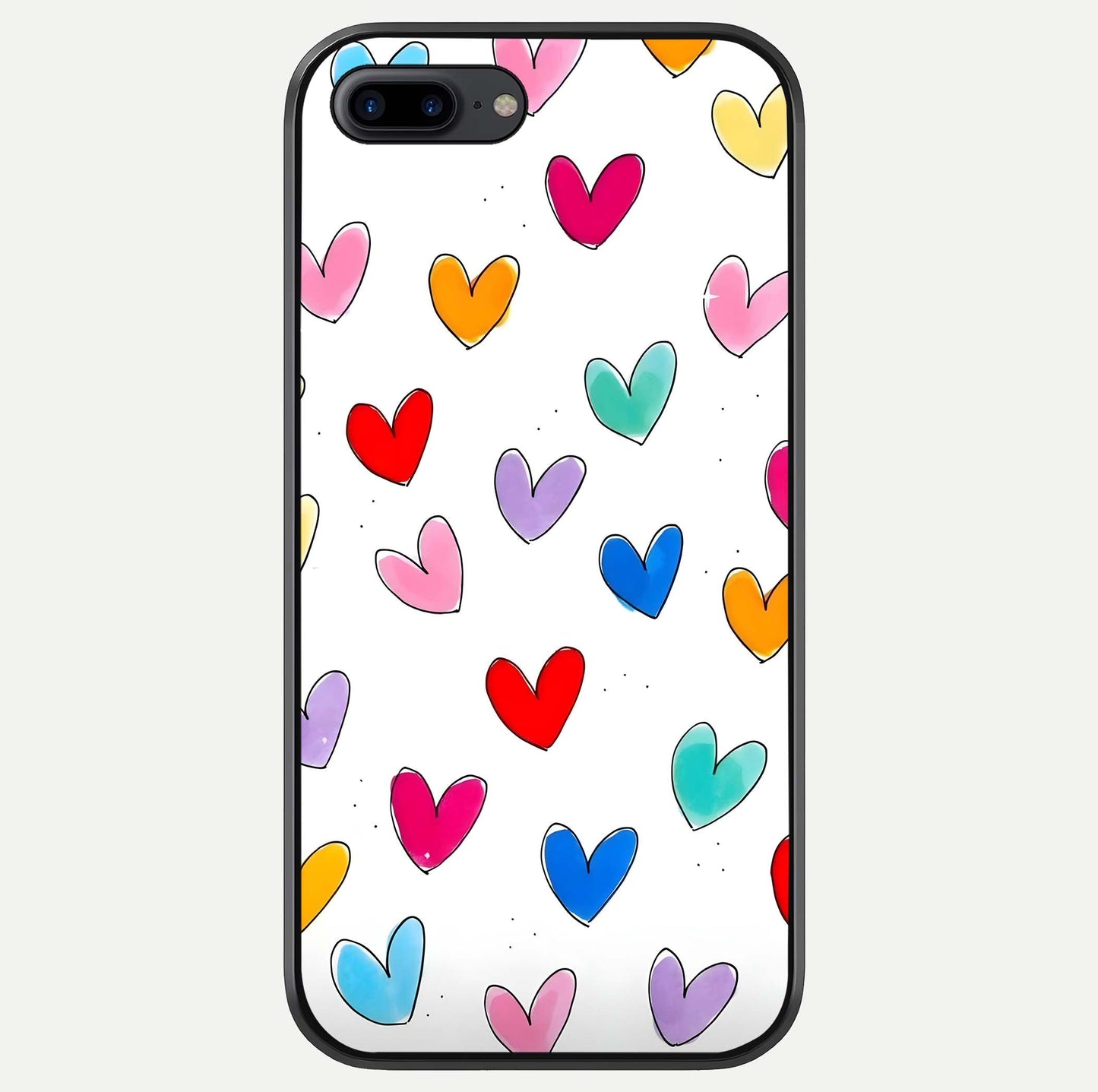 Playful Love Doodles iPhone 8 Plus glass phone case front view featuring cute love doodle illustrations with fun vibe