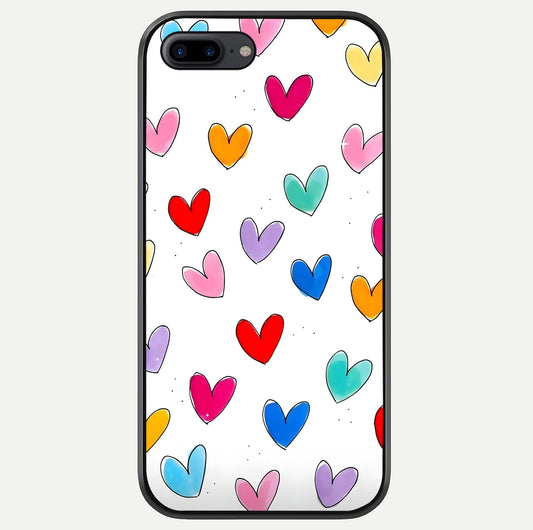 Playful Love Doodles iPhone 8 Plus glass phone case front view featuring cute love doodle illustrations with fun vibe