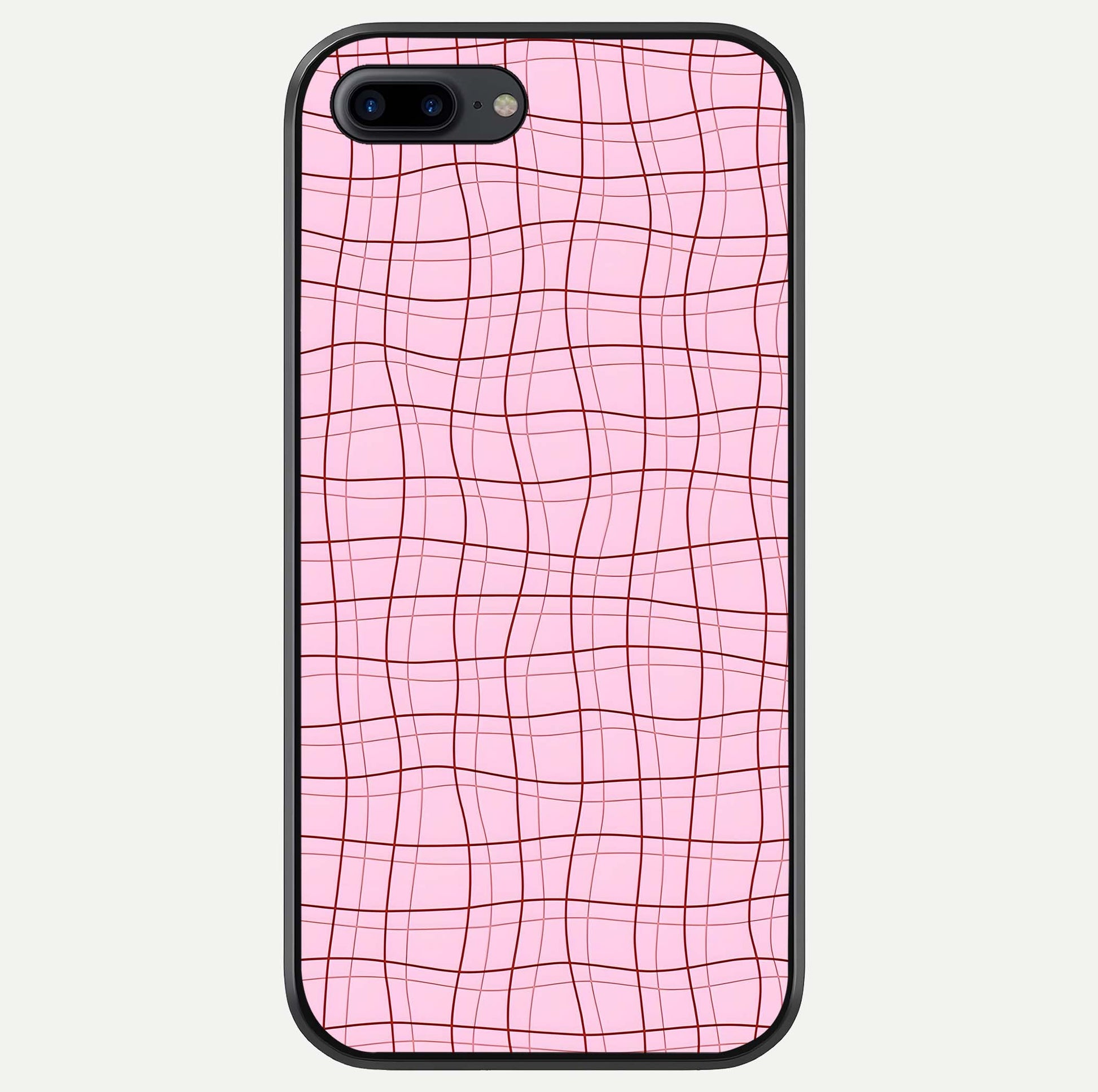 Soft Grid Bliss iPhone 8 Plus glass phone case front view showcasing minimal grid pattern with soft aesthetic