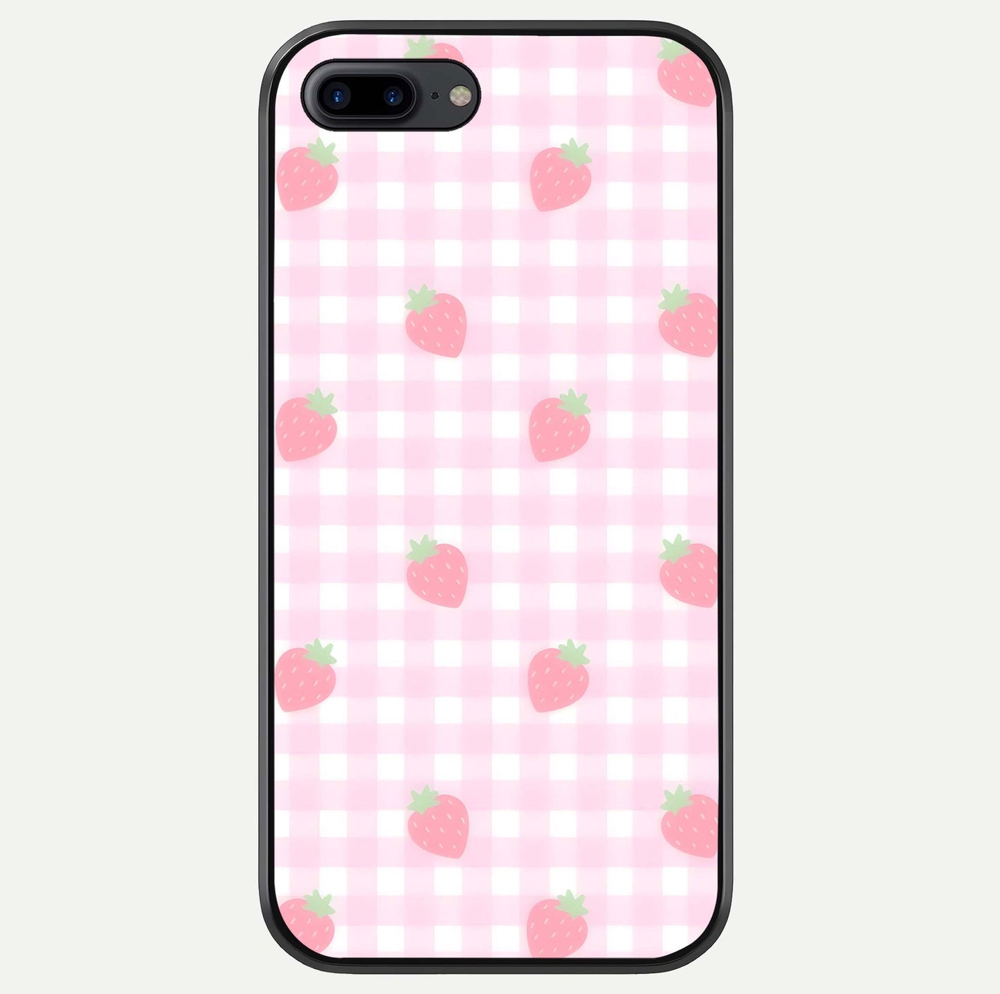 Strawberry Picnic Love iPhone 8 Plus glass phone case front view featuring cute strawberry picnic artwork with romantic vibe