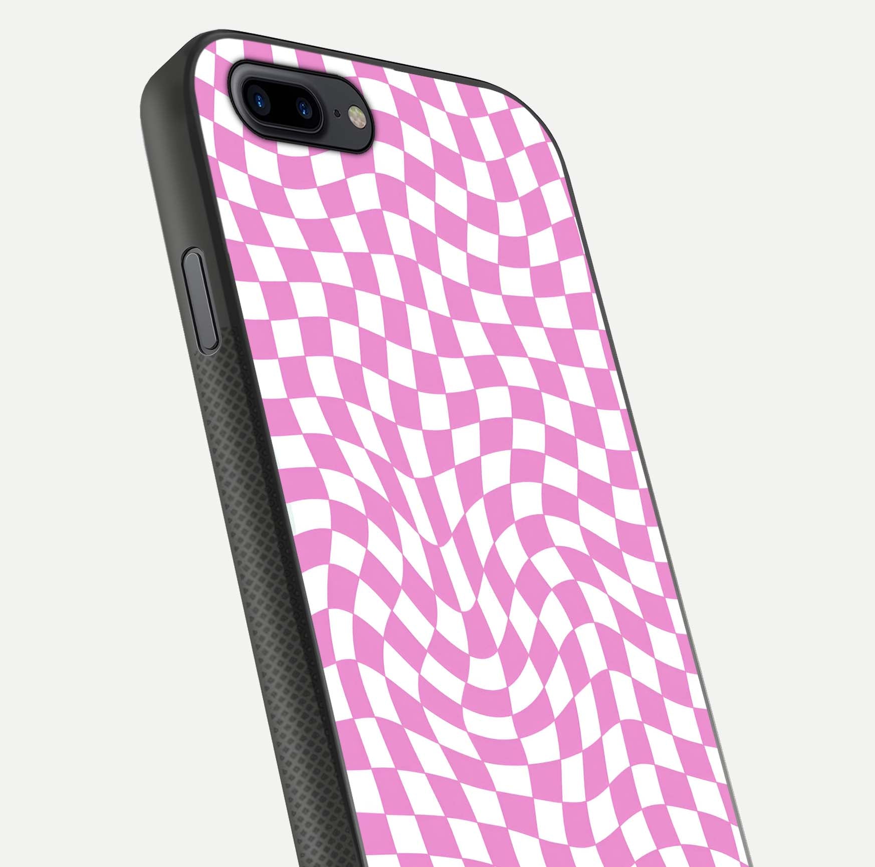 Bubblegum Check Wave iPhone 8 Plus glass phone case angled back view highlighting check wave artwork and side grip texture