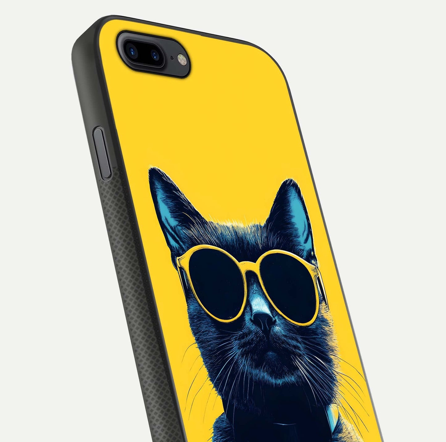 Cool Cat Vibes iPhone 8 Plus glass phone case angled back view highlighting cat artwork and textured side grip