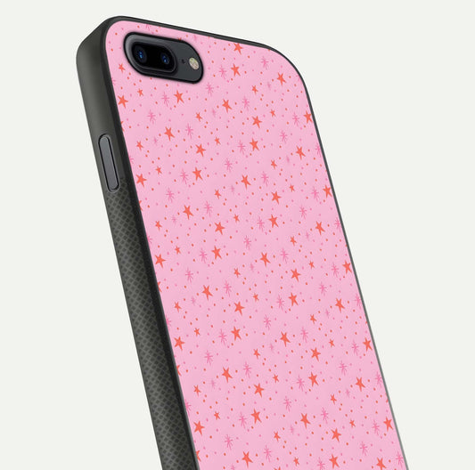 Cosmic Pink Sparkle iPhone 8 Plus glass phone case angled back view highlighting sparkling galaxy design and textured side grip