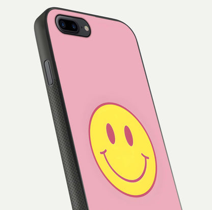 Happy Pink Mood iPhone 8 Plus glass phone case angled back view highlighting bright pink artwork and side grip texture