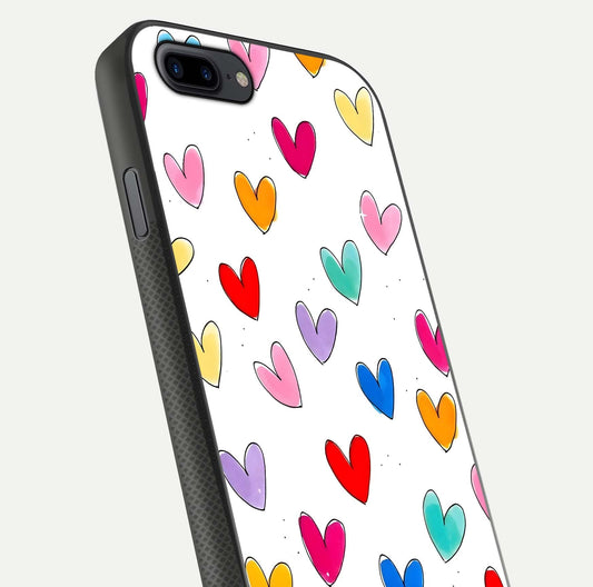 Playful Love Doodles iPhone 8 Plus glass phone case angled back view highlighting doodle artwork and textured grip edges