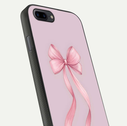Soft Blush Bow iPhone 8 Plus glass phone case angled back view highlighting bow artwork and side grip texture