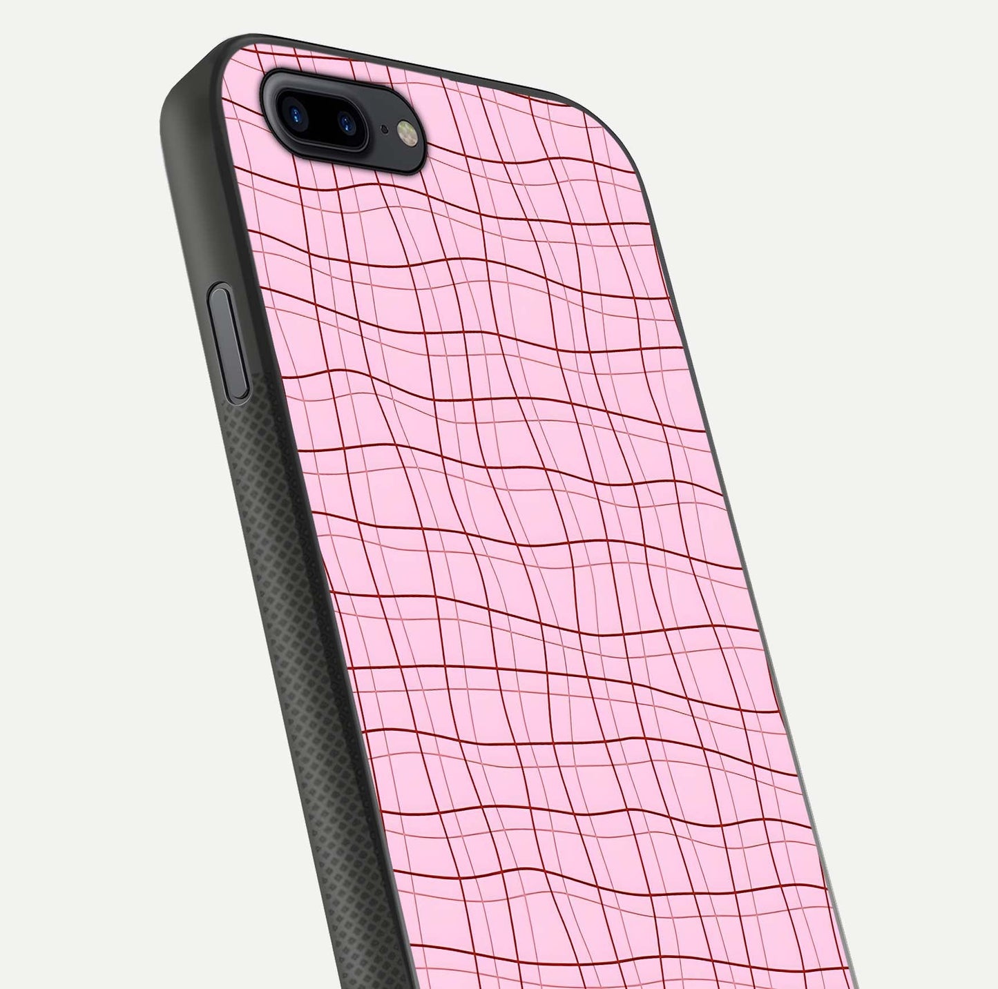 Soft Grid Bliss iPhone 8 Plus glass phone case angled back view highlighting grid artwork and side grip texture