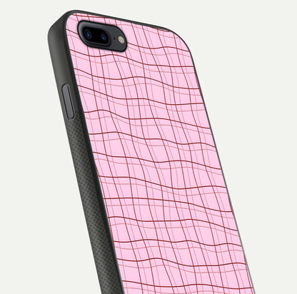 Soft Grid Bliss iPhone 8 Plus glass phone case angled back view highlighting grid artwork and side grip texture
