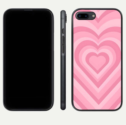 Blush Heart Waves iPhone 8 Plus glass phone case front and side layout view displaying slim frame and full heart pattern