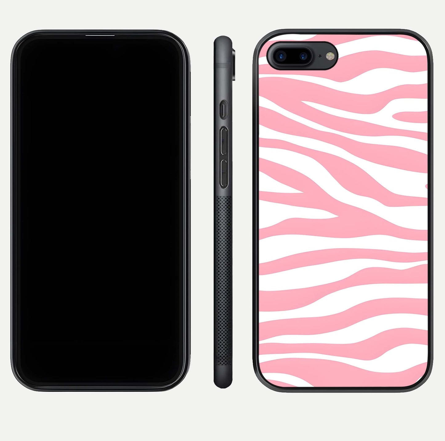 Blush Zebra Flow iPhone 8 Plus glass phone case front and side layout view showing slim build and flowing pattern coverage