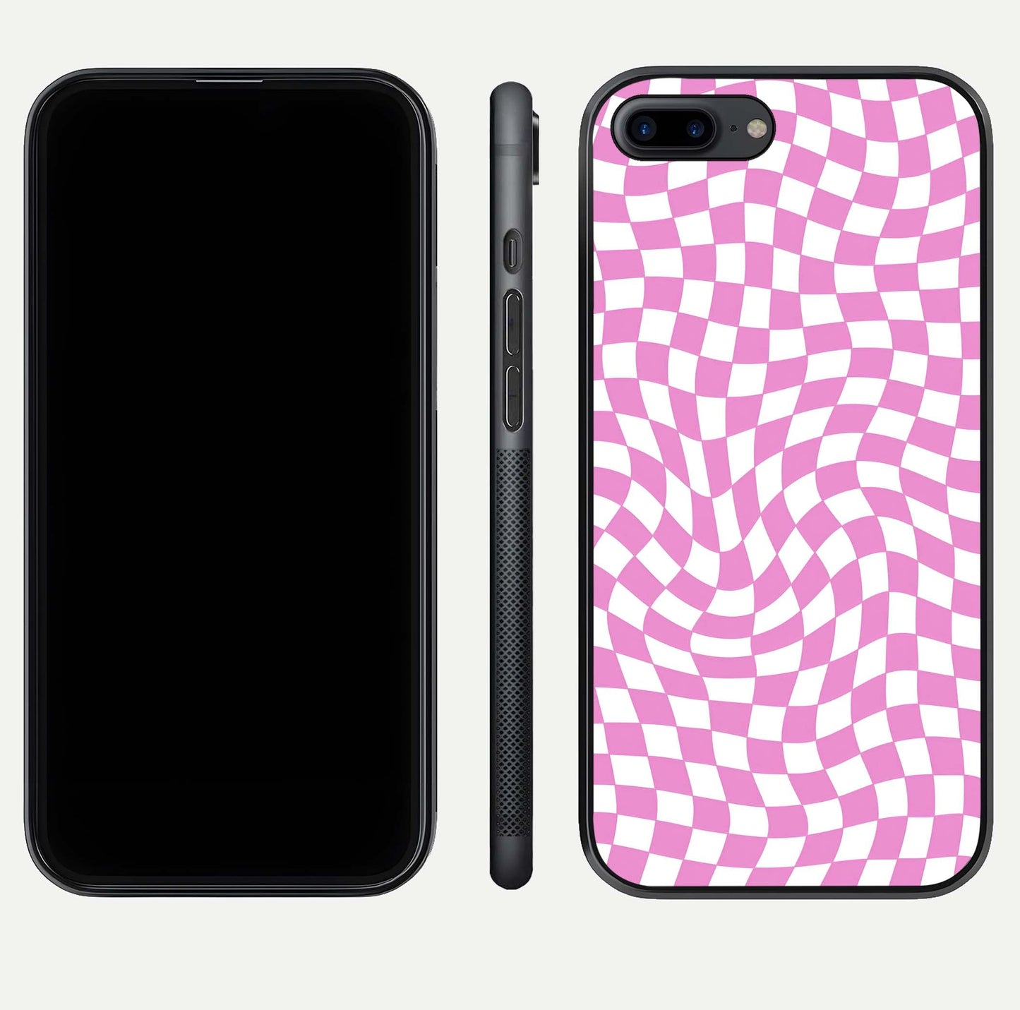 Bubblegum Check Wave iPhone 8 Plus glass phone case front and side layout view displaying slim profile and full pattern coverage