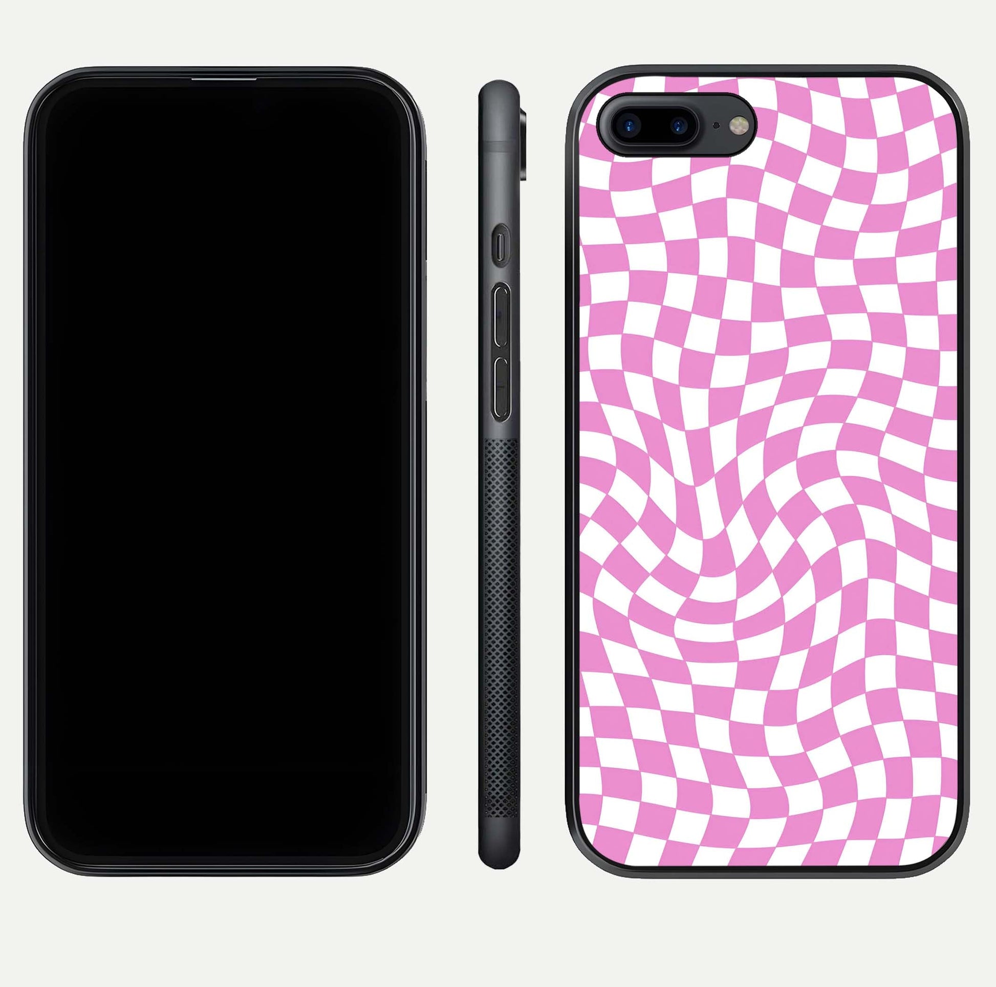 Bubblegum Check Wave iPhone 8 Plus glass phone case front and side layout view displaying slim profile and full pattern coverage