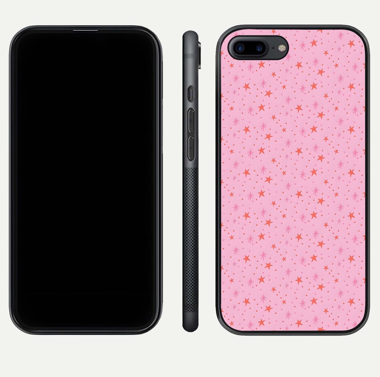 Cosmic Pink Sparkle iPhone 8 Plus glass phone case front and side layout view displaying slim profile and full cosmic coverage