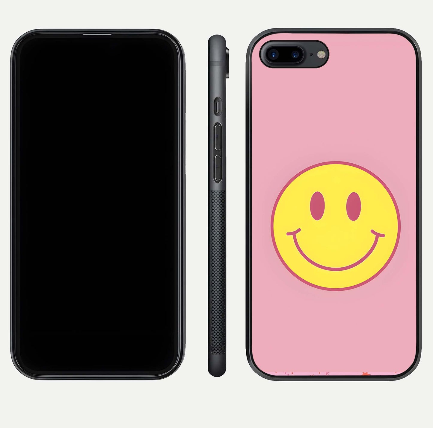 Happy Pink Mood iPhone 8 Plus glass phone case front and side layout view showing slim build and full pink coverage