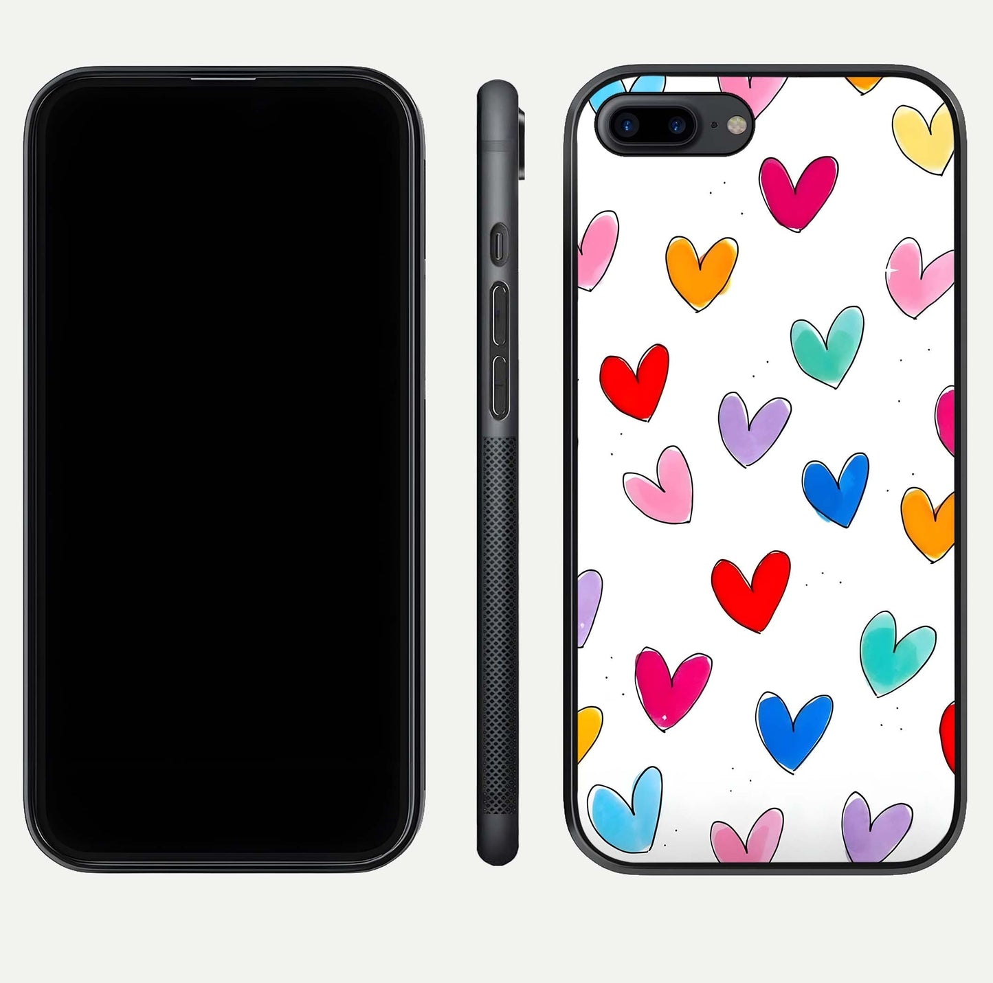 Playful Love Doodles iPhone 8 Plus glass phone case front and side layout view showing slim build and full doodle coverage