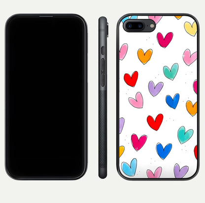 Playful Love Doodles iPhone 8 Plus glass phone case front and side layout view showing slim build and full doodle coverage