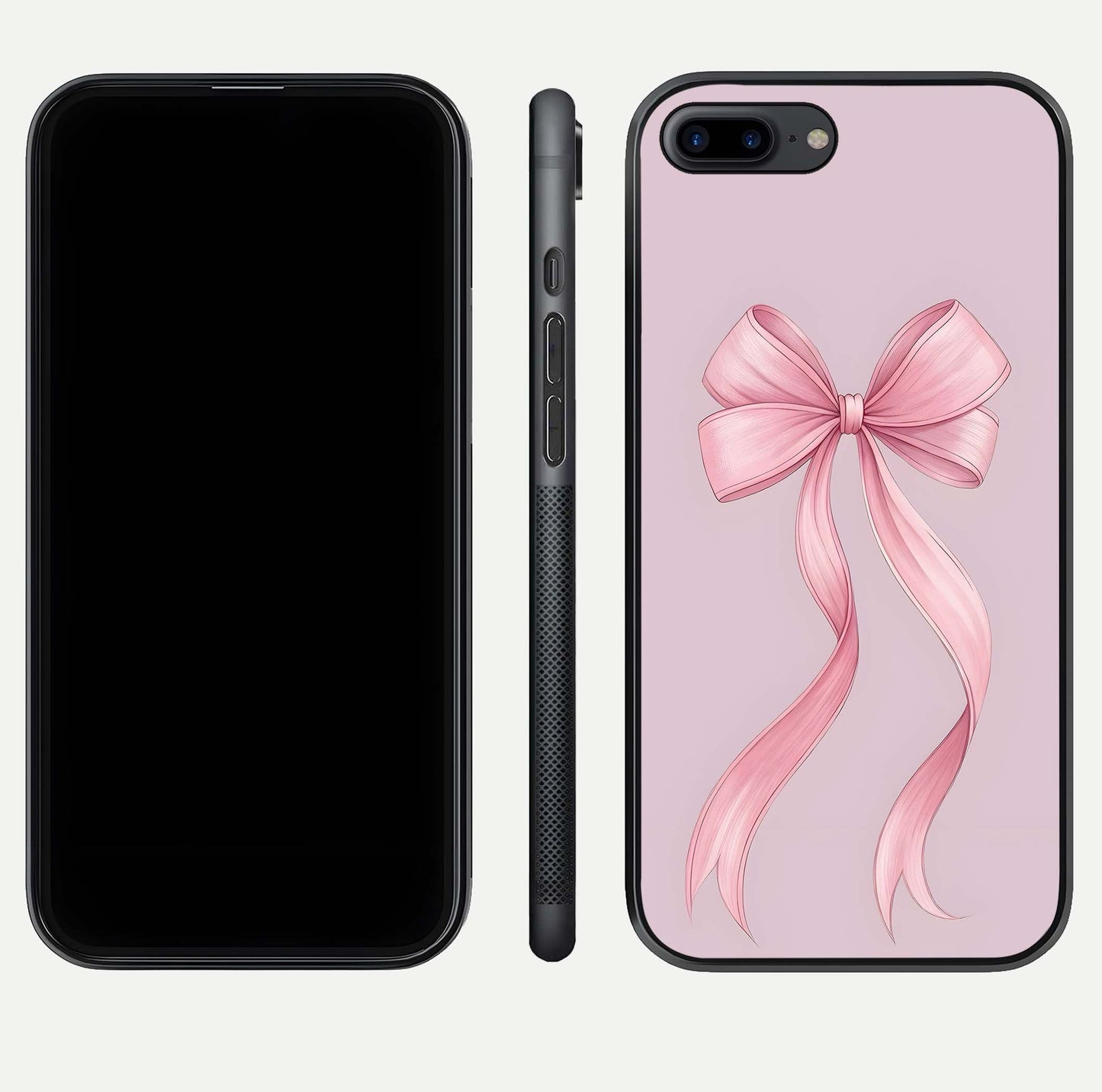 Soft Blush Bow iPhone 8 Plus glass phone case front and side layout view displaying slim profile and gentle aesthetic