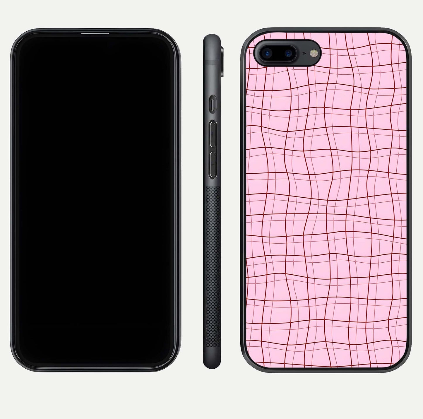 Soft Grid Bliss iPhone 8 Plus glass phone case front and side layout view displaying slim profile and clean design