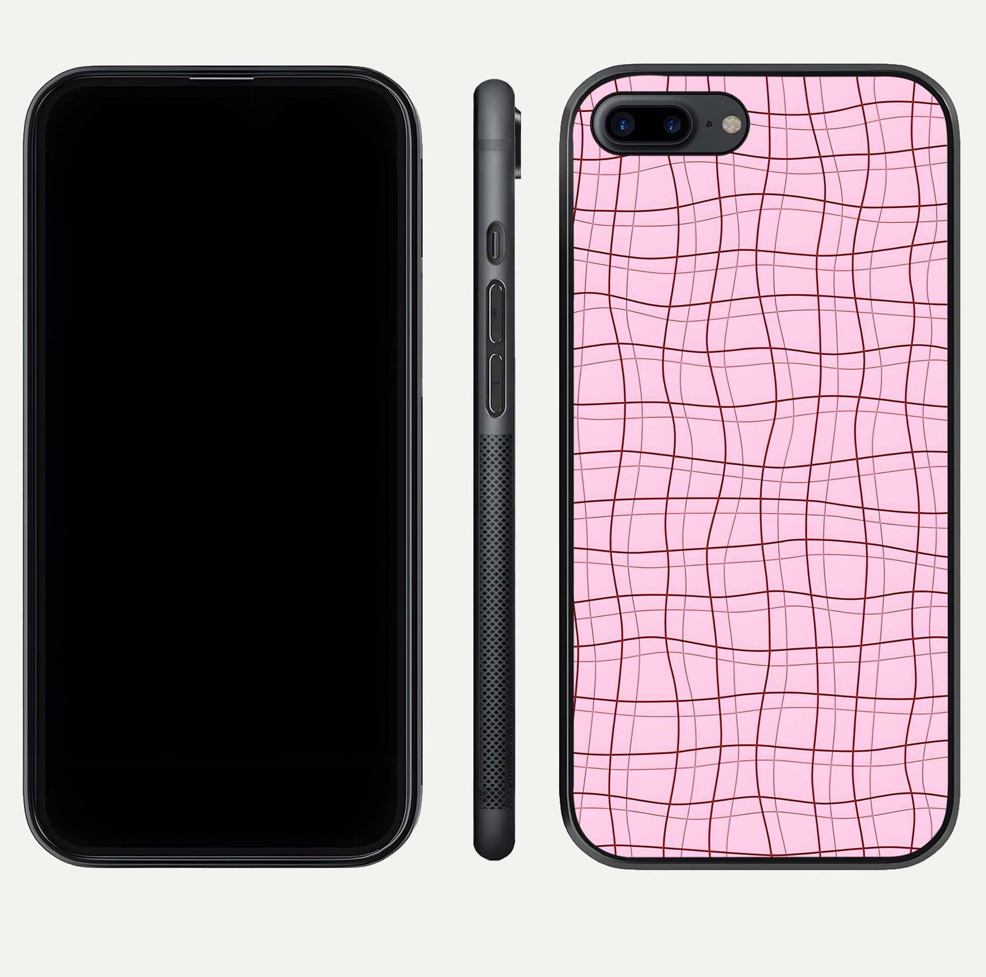 Soft Grid Bliss iPhone 8 Plus glass phone case front and side layout view displaying slim profile and clean design