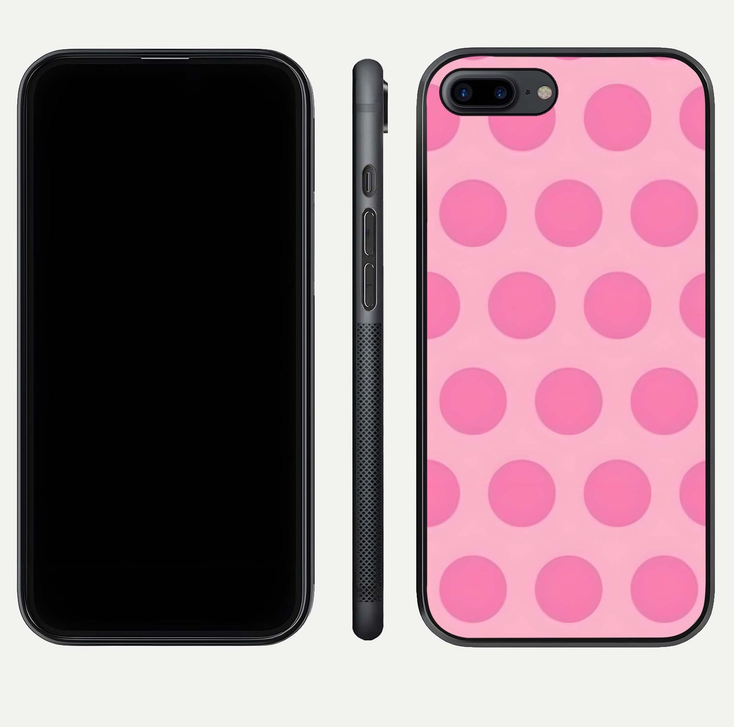 Sweet Dot Dreams iPhone 8 Plus glass phone case front and side layout view displaying slim build and full dot design