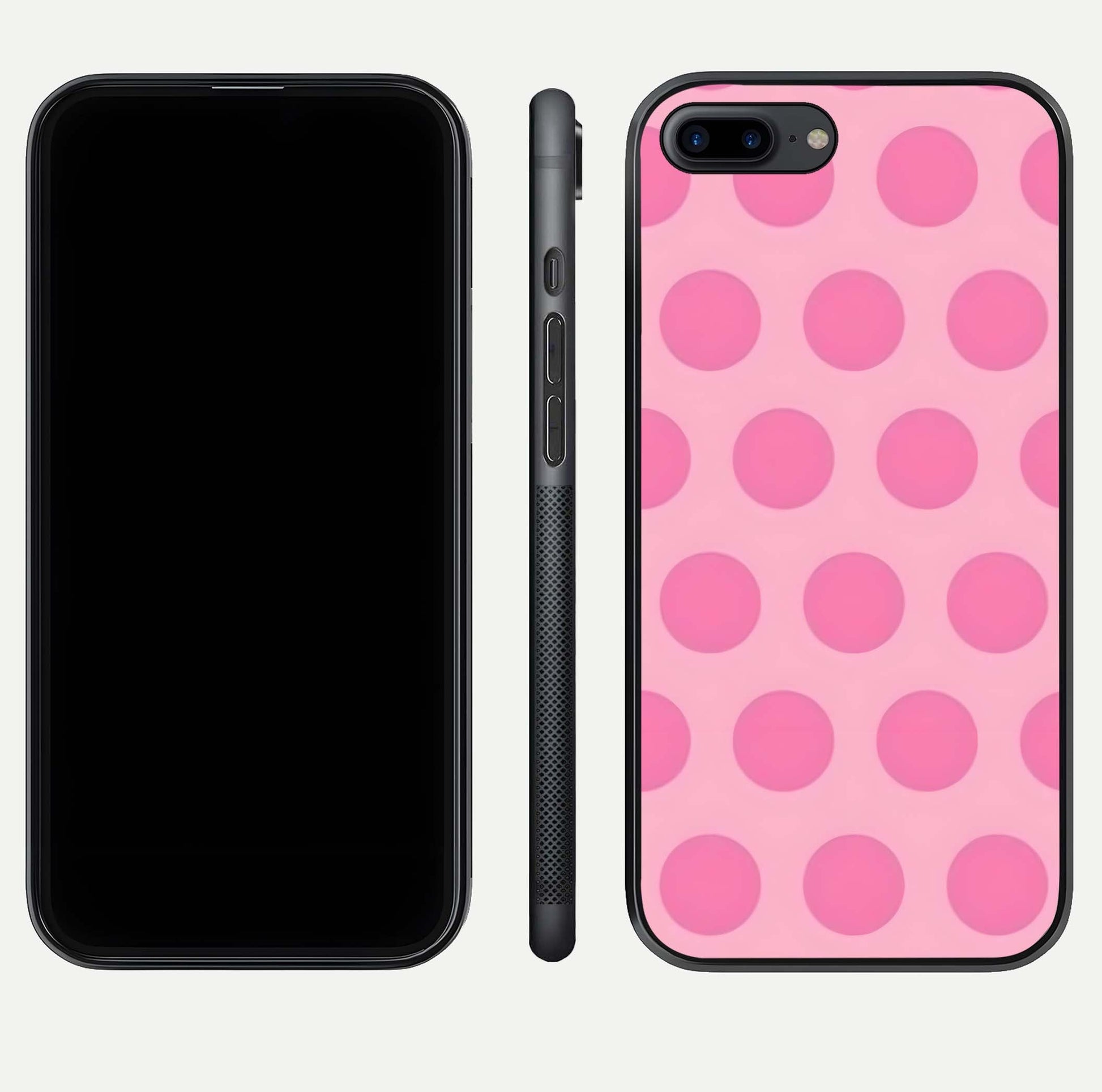 Sweet Dot Dreams iPhone 8 Plus glass phone case front and side layout view displaying slim build and full dot design