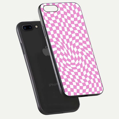 Bubblegum Check Wave iPhone 8 Plus glass phone case floating view emphasizing premium glass finish and vibrant design