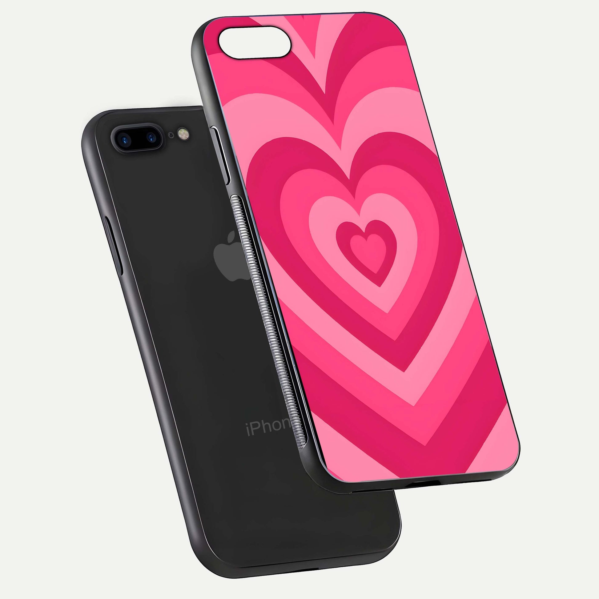 Layered Love Hearts iPhone 8 Plus glass phone case floating view emphasizing glossy surface and layered heart details