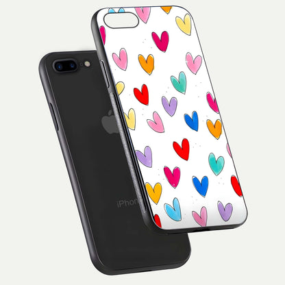 Playful Love Doodles iPhone 8 Plus glass phone case floating view emphasizing glossy finish and playful design