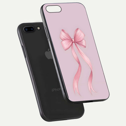 Soft Blush Bow iPhone 8 Plus glass phone case floating view emphasizing glossy surface and soft feminine styling
