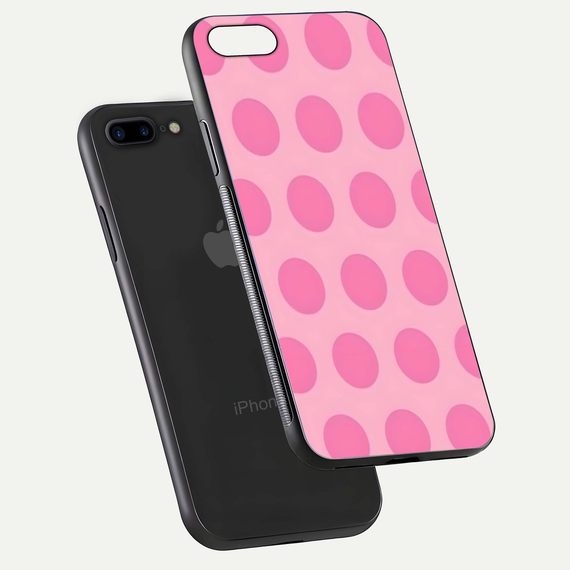 Sweet Dot Dreams iPhone 8 Plus glass phone case floating view emphasizing glossy surface and soft playful styling
