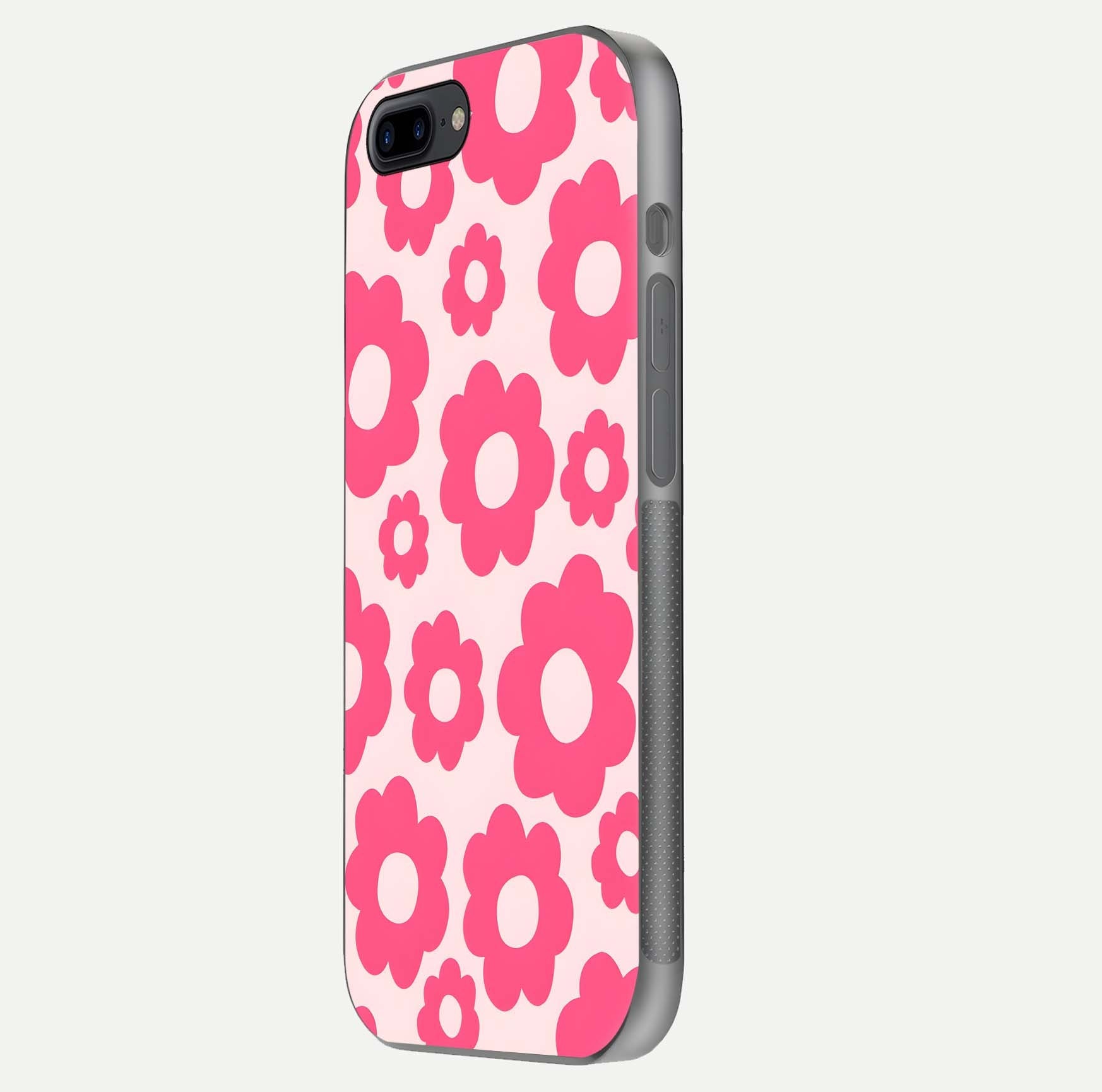 Blush Flower Pop iPhone 8 Plus glass phone case side profile view focusing on clean edges and seamless floral wrap