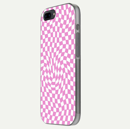 Bubblegum Check Wave iPhone 8 Plus glass phone case side profile view focusing on smooth edges and seamless wrap