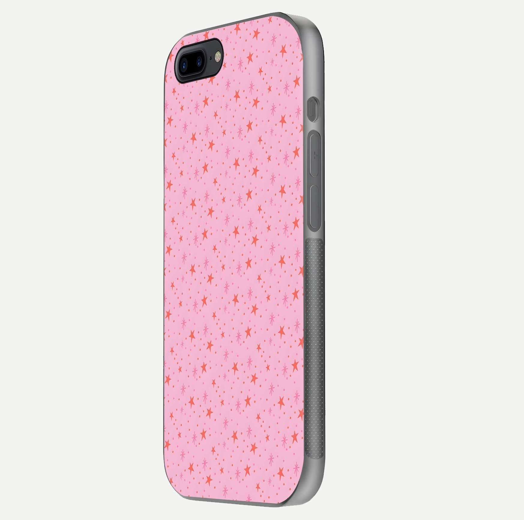 Cosmic Pink Sparkle iPhone 8 Plus glass phone case side profile view focusing on sleek edges and seamless wrap