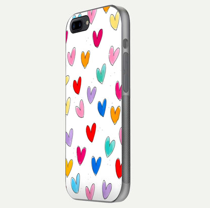 Playful Love Doodles iPhone 8 Plus glass phone case side profile view focusing on smooth frame and seamless wrap